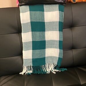 Teal Green and White Buffalo Check Fringe Scarf